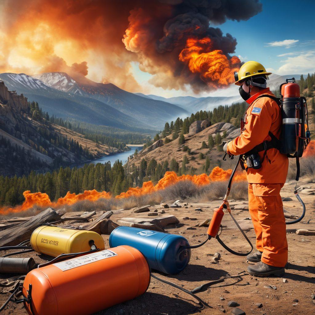 A vibrant and dynamic scene showcasing a team of diverse individuals engaged in wildfire preparedness training, set against a backdrop of a dramatic landscape with a distant wildfire. Tools and equipment for emergency management, such as fire extinguishers, maps, and communication devices, are prominently displayed. The sky is a blend of warm oranges and deep blues, symbolizing both the threat and the hope of preparedness. Additionally, include infographics about essential skills and strategies subtly integrated in the background. hyper-realistic. vibrant colors. 3D.